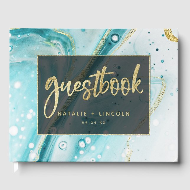 Inky Splash Teal Marble with Gold foil Wedding Guest Book (Front)