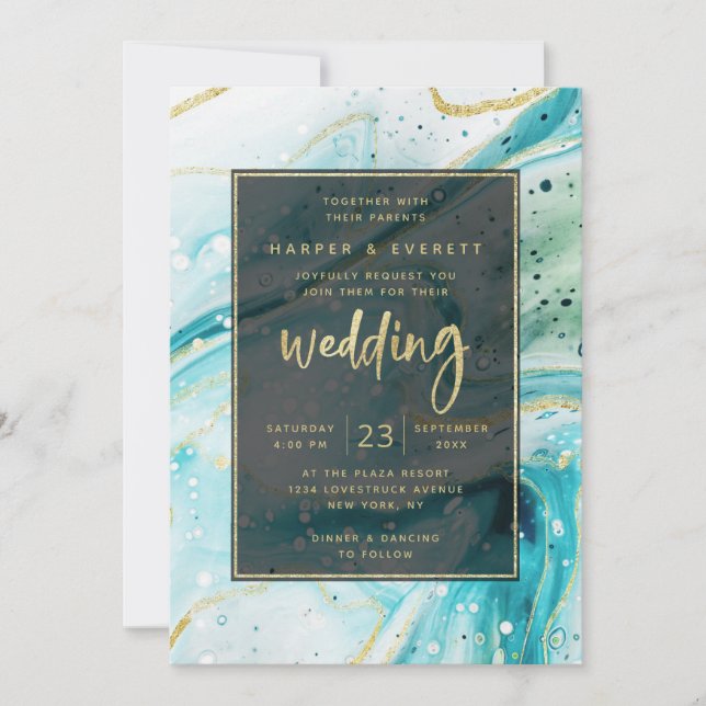 Inky Splash Teal Marble with Gold foil Wedding Invitation (Front)