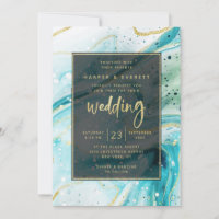 Inky Splash Teal Marble with Gold foil Wedding