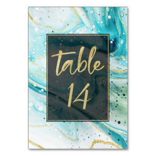 Inky Splash Teal Marble with Gold foil Wedding Table Number