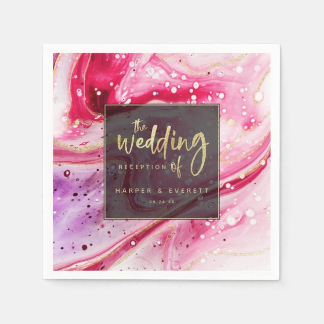 Inky Splash Wine Red Marble with Gold foil Wedding Napkin (Front)