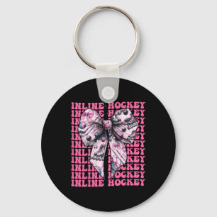 Inline Hockey Player Girl Coquette Bow Pink Ribbon Key Ring