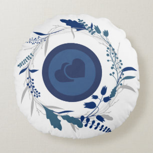 Inner Circle Blue Twin Heart shape Pattern Round Cushion