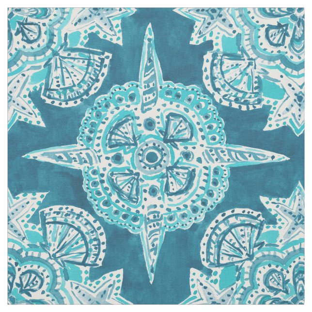 INNER MERMAID COMPASS Aqua Beach Shell Moroccan Fabric (Swatch)
