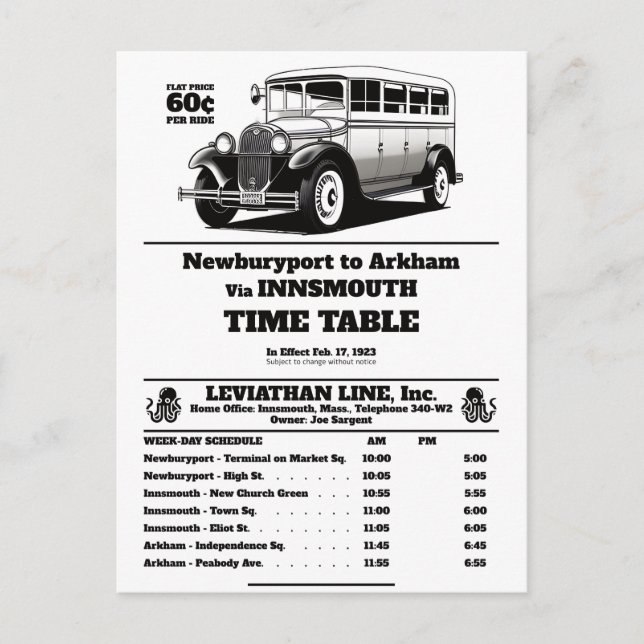 Innsmouth Bus Schedule Joe Sargent Postcard (Front)