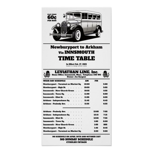 Innsmouth Bus Schedule Joe Sargent Poster (Front)