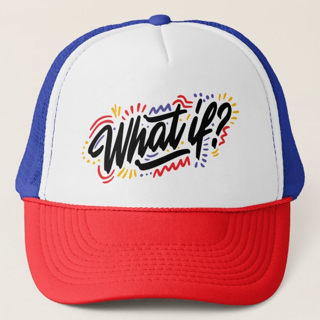 Inquisitive Bliss: 'What If?' Calligraphy Trucker Hat (Front)
