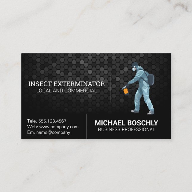 Insect Exterminator Logo | Man in Protective Suit Business Card (Front)