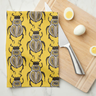 Insect Lover Yellow Decorative Beetle Art Tea Towel