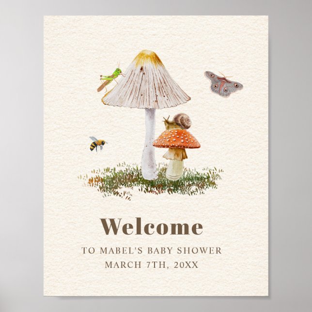 Insects Mushroom Woodland Nature Baby Shower  Poster (Front)