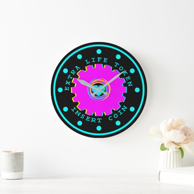 Insert Coin Retro Arcade Extra Life Gamer Heart Large Clock (Home)