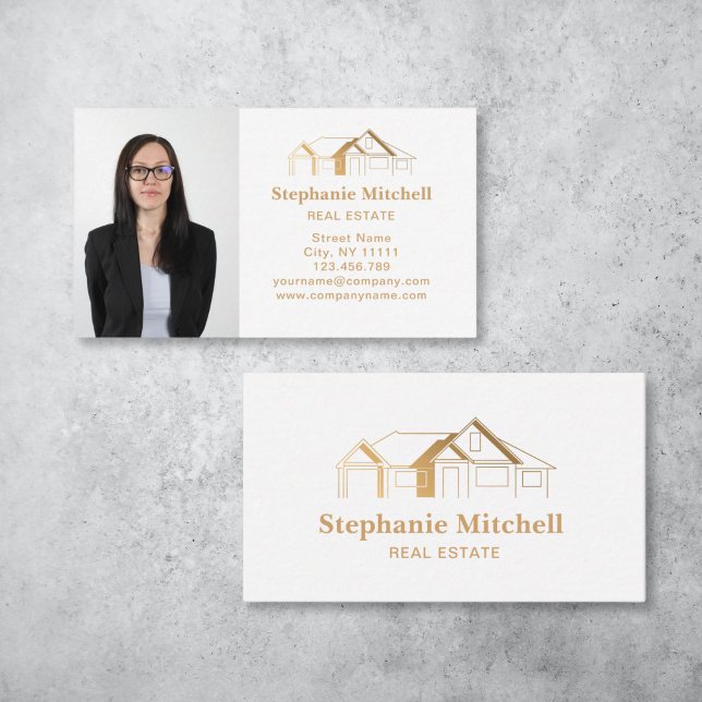 Insert Photo Real Estate Realtor Key House Gold (simple gold house outline business card for realtors)