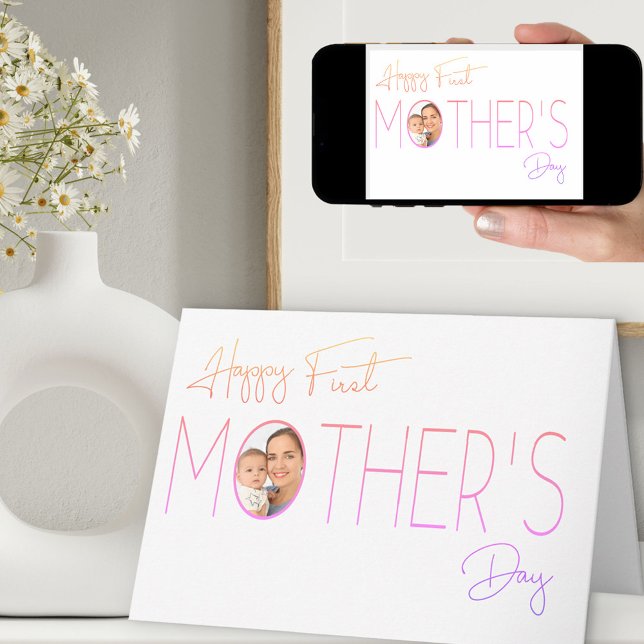 Inset Photo Ombre Typography First Mothers Day Card (Modern First Mother's Day Card with custom mommy and baby photo)