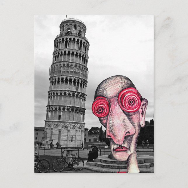 Insomniac Visits "The Leaning Tower of Pisa" Postcard (Front)