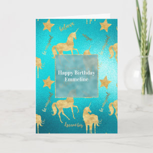 Inspirational Aqua Gold Unicorns Stars     Card