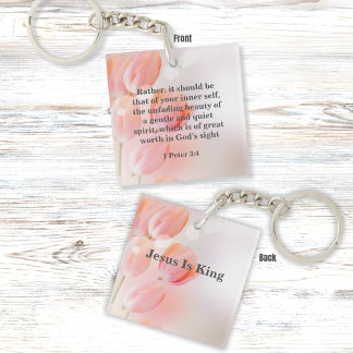 Inspirational Bible Verse with Pink Tulip Flowers Key Ring