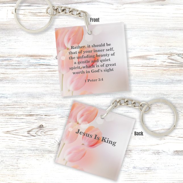 Inspirational Bible Verse with Pink Tulip Flowers Key Ring (Creator Uploaded)
