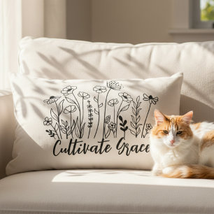 Inspirational Black White Floral Cultivate Grace Lumbar Cushion