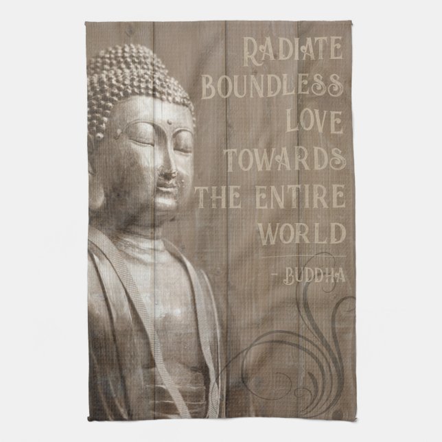 Inspirational Buddha Art Faux Wood Buddhist Quote Tea Towel (Vertical)