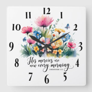 Inspirational Butterfly/Floral Bible Scripture Square Wall Clock