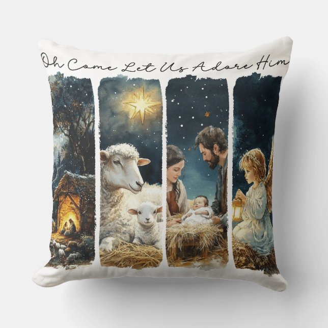 Inspirational Christian Let Us Adore Him Cushion (Front)