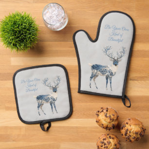 Inspirational Christmas Blue White Chic Deer Fox Oven Mitt & Pot Holder Set