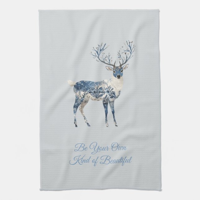 Inspirational Christmas Blue White Chic Deer Fox Tea Towel (Vertical)