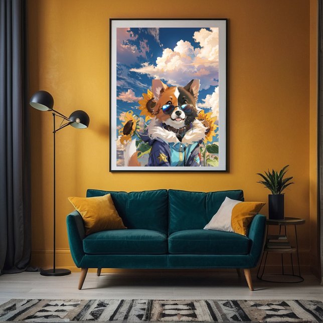 Inspirational Cute Dog Floral Sunflower-Good Vibes Poster (Available in a variety of sizes from very big to very small)