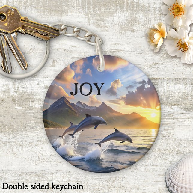 Inspirational Dolphins Sunset Mountains Joy Key Ring (Keychain featuring playful dolphins jumping from the ocean at sunset)