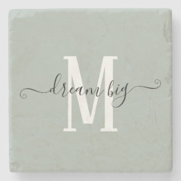 Inspirational Dream Big Monogram Initial Sage Stone Coaster