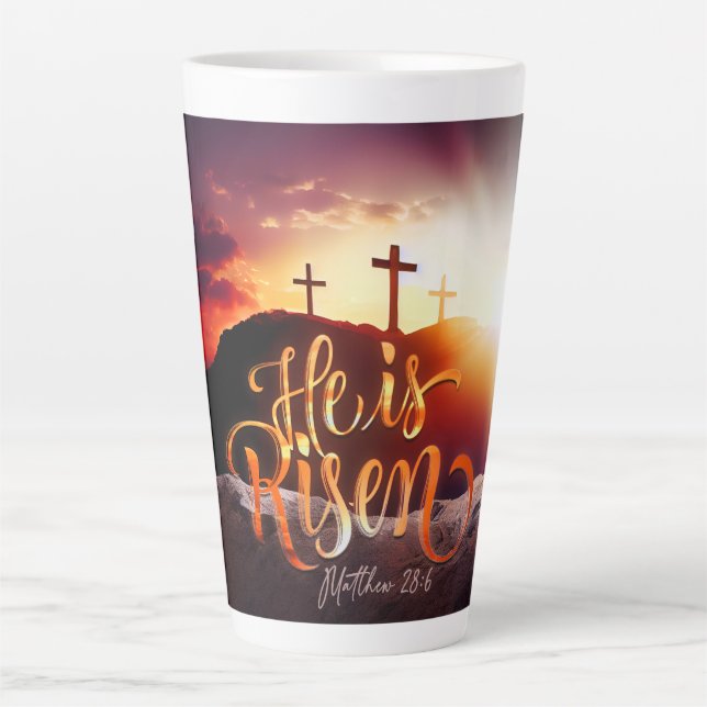 Inspirational Easter "He Is Risen" With Crosses Latte Mug (Front)