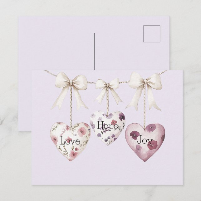 Inspirational Floral Love Hope Joy Hearts Bow Postcard (Front/Back)