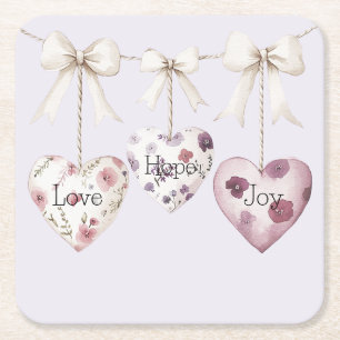 Inspirational Floral Love Hope Joy Hearts Bow Square Paper Coaster
