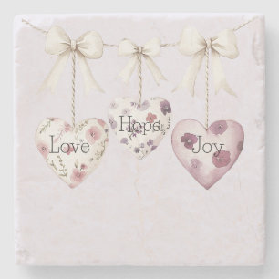 Inspirational Floral Love Hope Joy Hearts Bow Stone Coaster