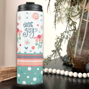 Inspirational Floral Pink Aqua Choose Joy Quote  Thermal Tumbler