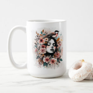 Inspirational Floral Woman with Bird Artwork Coffee Mug