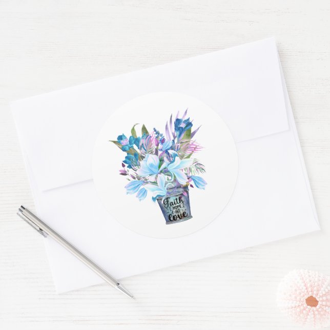 Inspirational Flower Bucket Blue Faith Hope Love  Classic Round Sticker (Envelope)