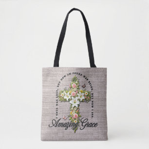 Inspirational Flower Cross Scripture/Sublimation Tote Bag