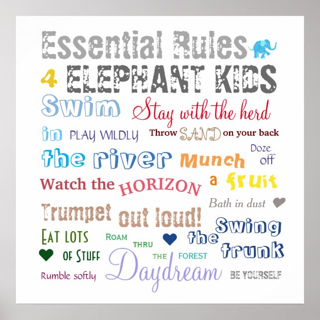 Inspirational Fun Elephant Kid Rules Typography Poster (Front)