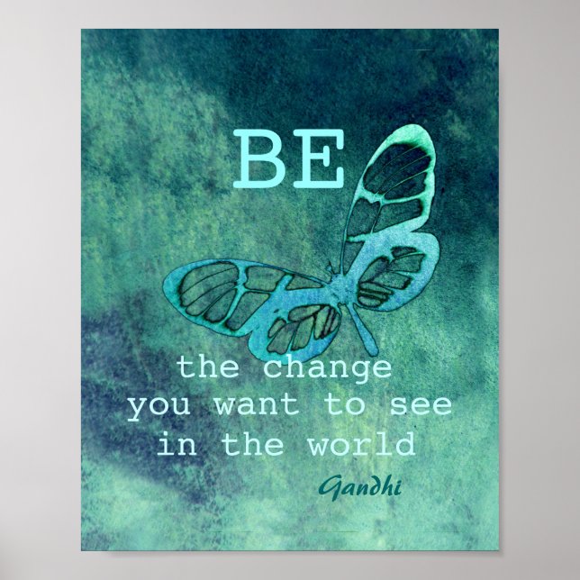 inspirational Gandhi quote poster teal butterfly (Front)