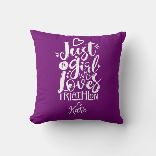 Inspirational Girl Triathlon Purple Modern Script Cushion (Front)