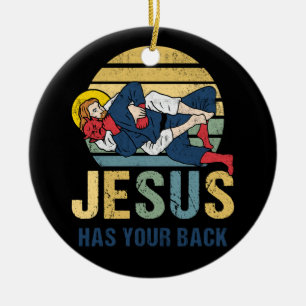 Inspirational Jesus Has Your Back Jiu Jitsu Retro  Ceramic Ornament