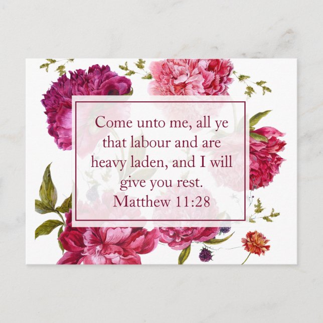 Inspirational Matthew 11:28 Pink Floral Postcard (Front)