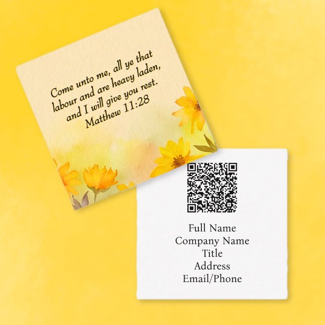 Inspirational Matthew 11:28 Yellow Floral Square Business Card (Creator Uploaded)