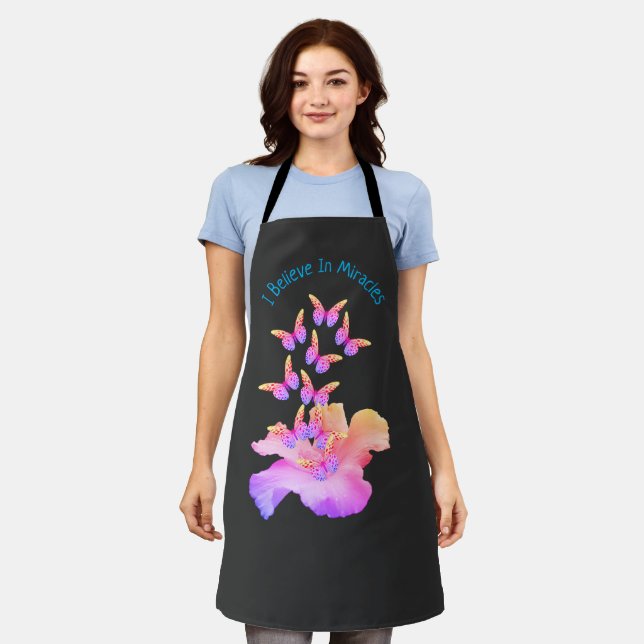 Inspirational Miracles Hibiscus And Butterflies   Apron (Worn)