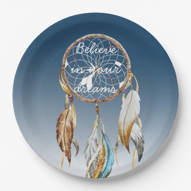Inspirational Navy Blue Ombre Dream catcher  Paper Plate (Front)