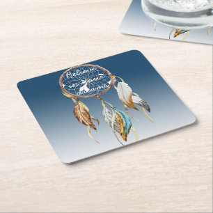 Inspirational Navy Blue Ombre Dream catcher Square Paper Coaster