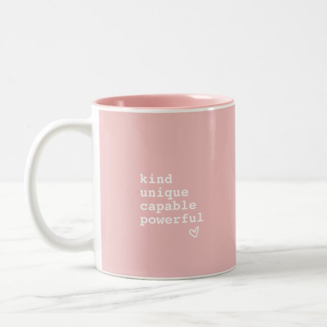 Inspirational Pink and White Heart Quote Two-Tone Coffee Mug (Left)