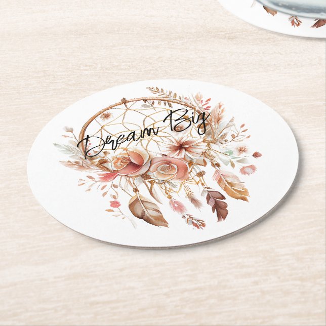 Inspirational Pink Dream Catcher Boho Floral Round Paper Coaster (Angled)