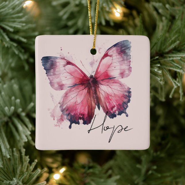 Inspirational Pink Hope Butterfly Ceramic Ornament (Tree)